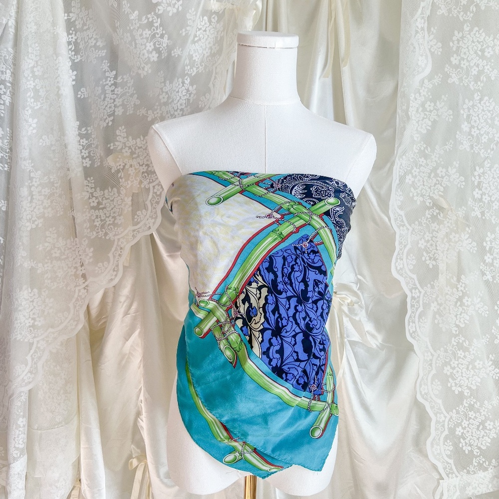 Blue and Green Patterned Silk Scarf